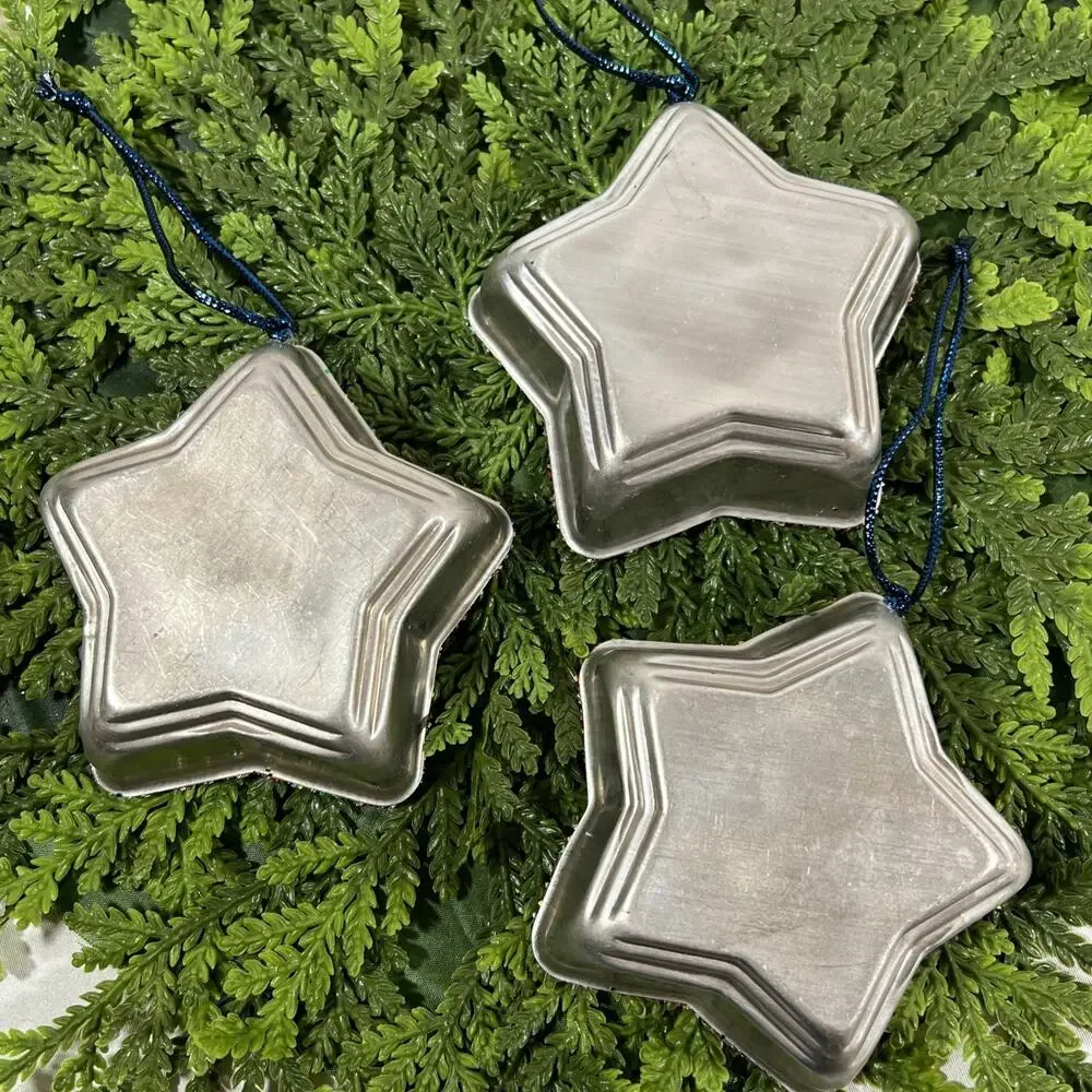 Handmade Vintage Star Tart Tins Nativity Trio Set of 3 Ornaments Glitter Diorama